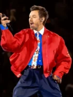 The fluid profile of the red Together Tour Harry Styles Red Jacket highlighting its high grade sheen.