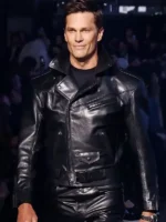 A premium standalone presentation of the midnight black Tom Brady Gucci Leather Biker Jacket.