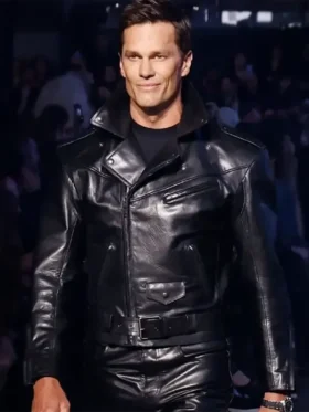 A premium standalone presentation of the midnight black Tom Brady Gucci Leather Biker Jacket.