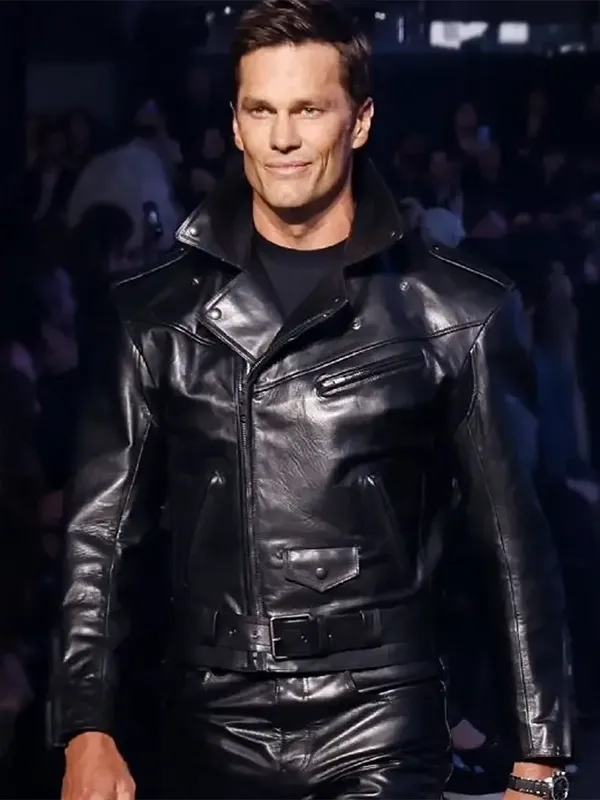 A premium standalone presentation of the midnight black Tom Brady Gucci Leather Biker Jacket.