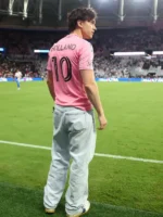 Clean rear profile view showing the customized name styling across the back of the Tom Holland Inter Miami Jersey.