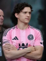 front presentation view highlighting the sporty round neck collar of the Tom Holland Inter Miami Jersey.