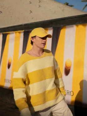 Front layout view showcasing the bright pattern of the Tom Holland Yellow Stripe Sweatshirt.