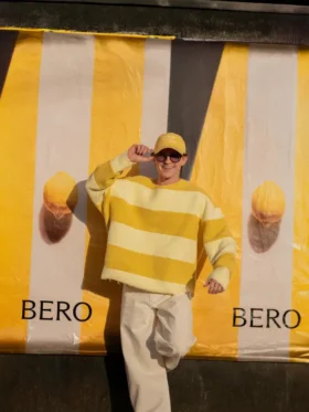 Full front profile highlighting the clean yellow and white stripes design on the Tom Holland Yellow Stripe Sweatshirt.