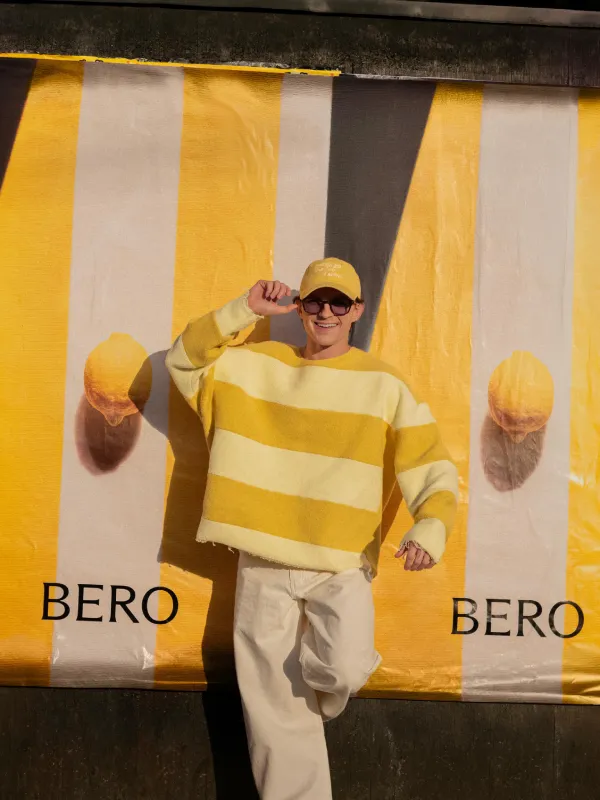 Full front profile highlighting the clean yellow and white stripes design on the Tom Holland Yellow Stripe Sweatshirt.