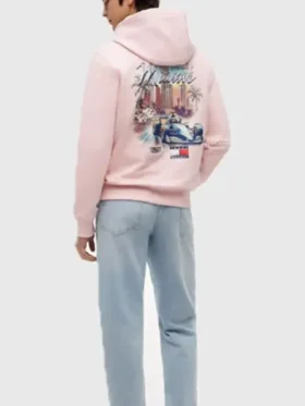 A standalone profile of the vibrant pastel pink Tommy Hilfiger Cadillac F1 Miami Hoodie.