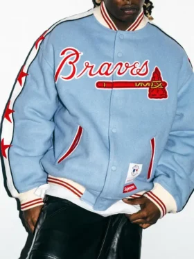 Supreme Mitchell Ness Atlanta Braves powder blue varsity jacket front, Braves lettering and red star sleeve applique
