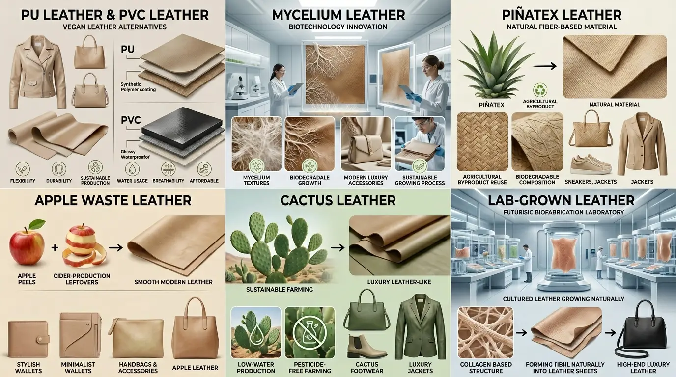 Educational infographic showing vegan leather alternatives including PU, PVC, mycelium, Piñatex, apple waste, cactus, and lab-grown leather