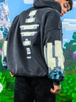 Clean rearview focusing on the dark thematic detailing across the back of the Very Cool x Minecraft Warden Hoodie.