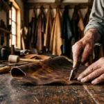 Craftsman cutting full grain animal leather hide during the leather tanning and manufacturing process in a traditional workshop