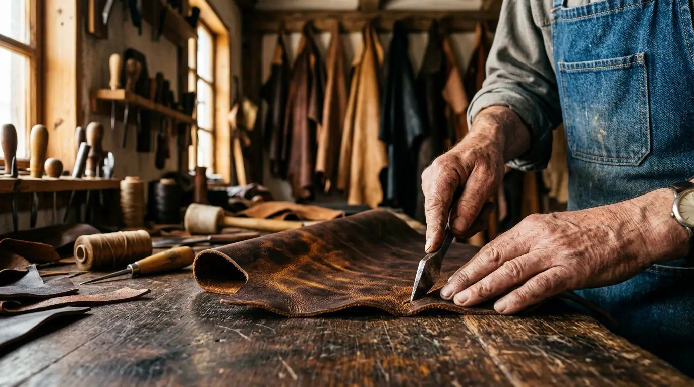 Craftsman cutting full grain animal leather hide during the leather tanning and manufacturing process in a traditional workshop