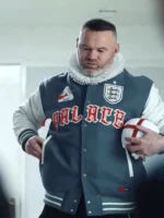 A premium standalone profile presentation of the grey and white World Cup Wayne Rooney England Jacket.