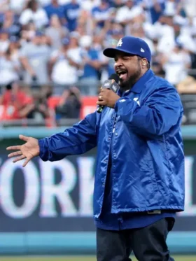 Front studio layout profile highlighting the gleaming finish of the Ice Cube Los Angeles Dodgers Jacket.
