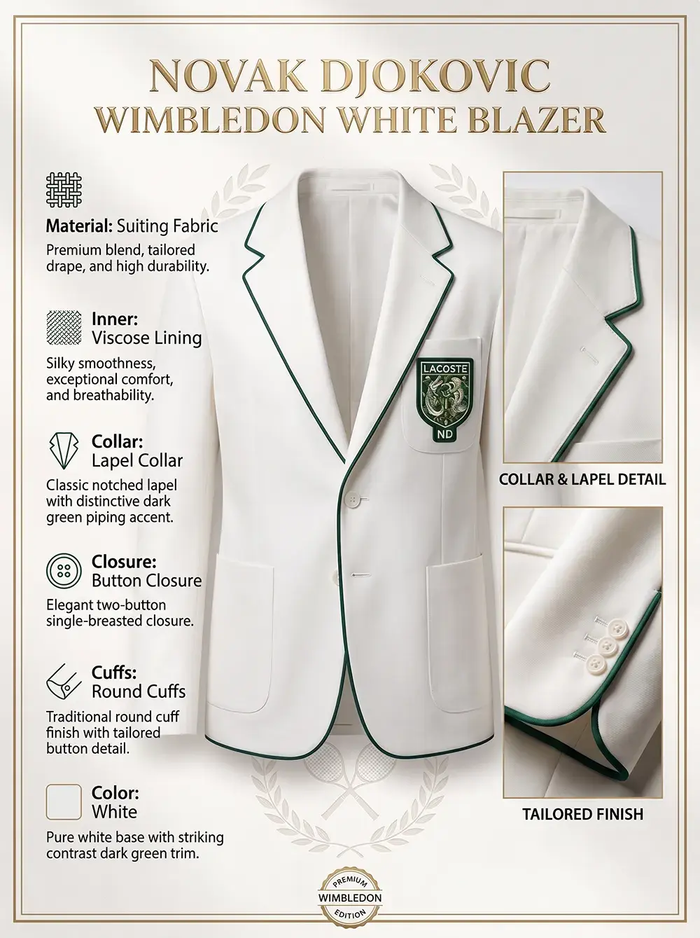 the Novak Djokovic Wimbledon White Blazer, listing specifications including premium suiting fabric material, viscose lining, lapel collar, and button closure, alongside close-up panels of the green piped notched lapels and tailored buttoned cuffs.