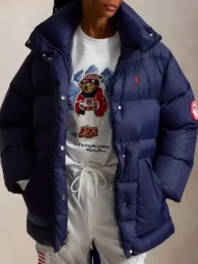 2026 Hoda Kotb Team USA Puffer Jacket closure view showing front fastening, stitching, and padded finish