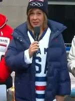 2026 Hoda Kotb Team USA Puffer Jacket front view showing collar, closure, and padded jacket design