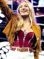 Full length layout view highlighting the rich earthy brown tone of the premium Festival 2026 Julia Cole Brown Fringe Jacket.