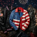 4th of July jackets collection featuring American flag leather, varsity bomber, and patriotic outerwear styles for Independence Day