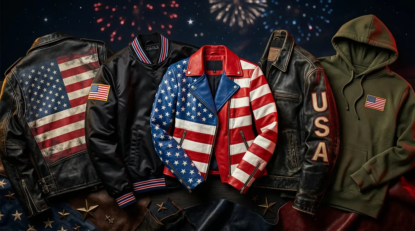 4th of July jackets collection featuring American flag leather, varsity bomber, and patriotic outerwear styles for Independence Day