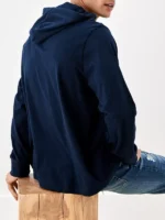 AE Long-Sleeve Blue Hoodie T-Shirt back view showing hood shape, rear structure, and long sleeves