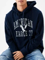 AE Long-Sleeve Blue Hoodie T-Shirt close-up view showing blue fabric texture, stitching, and hood detail