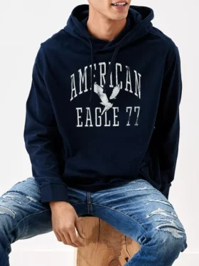 AE Long-Sleeve Blue Hoodie T-Shirt front view showing hooded neckline, long sleeves, and clean fit