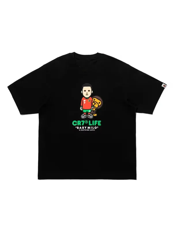 Bape X CR7 Life Baby Milo Relaxed Fit Tee Front View Front view of the Bape X CR7 Life Baby Milo Relaxed Fit Tee putting the iconic Baby Milo x CR7 design on full display