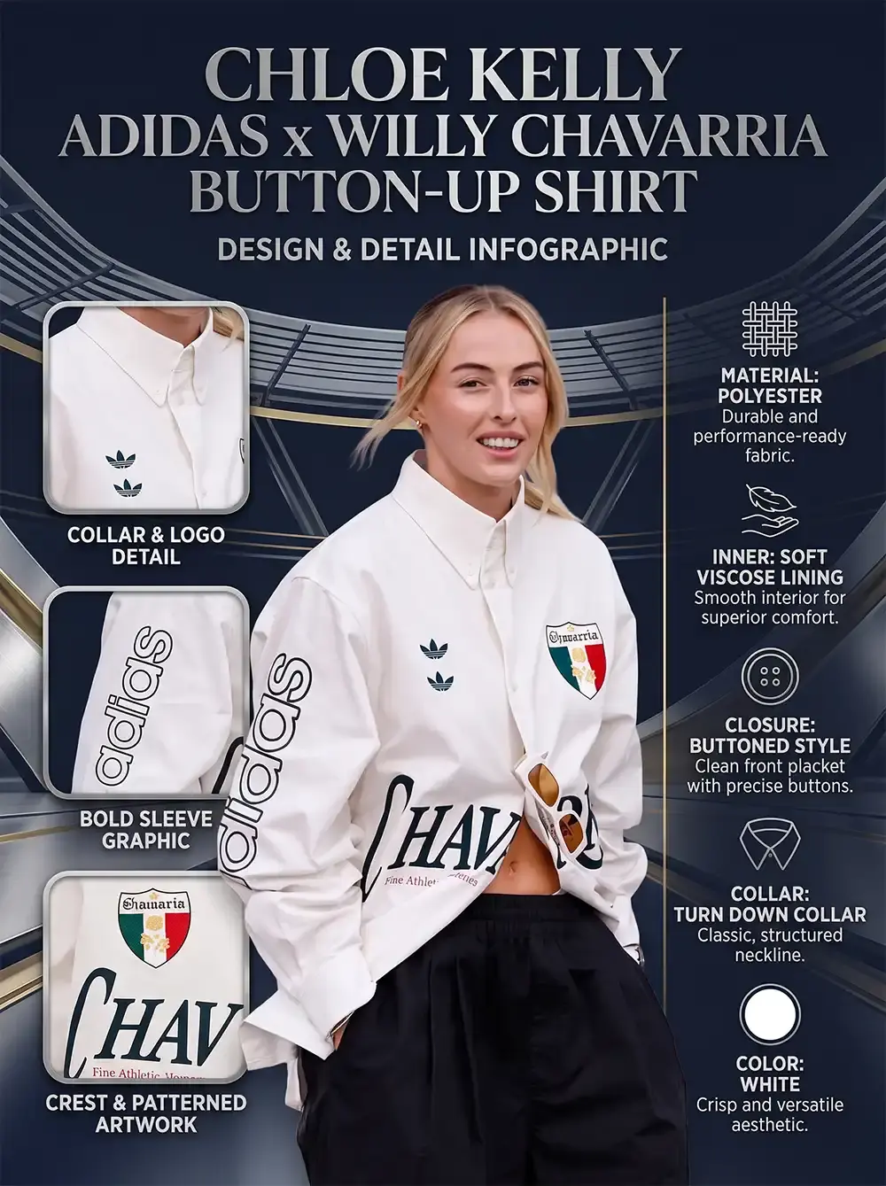 A design and detail infographic for the white Adidas x Willy Chavarria button-up shirt featuring soccer player Chloe Kelly. The graphic includes close-ups of the collar, sleeve text, and chest crest, alongside listed features such as polyester material, viscose lining, buttoned closure, turn-down collar, and white color.