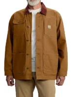 Duck Loose Fit Chore Coat 1 Warm Rating front view showing collar, closure, pockets, and coat design
