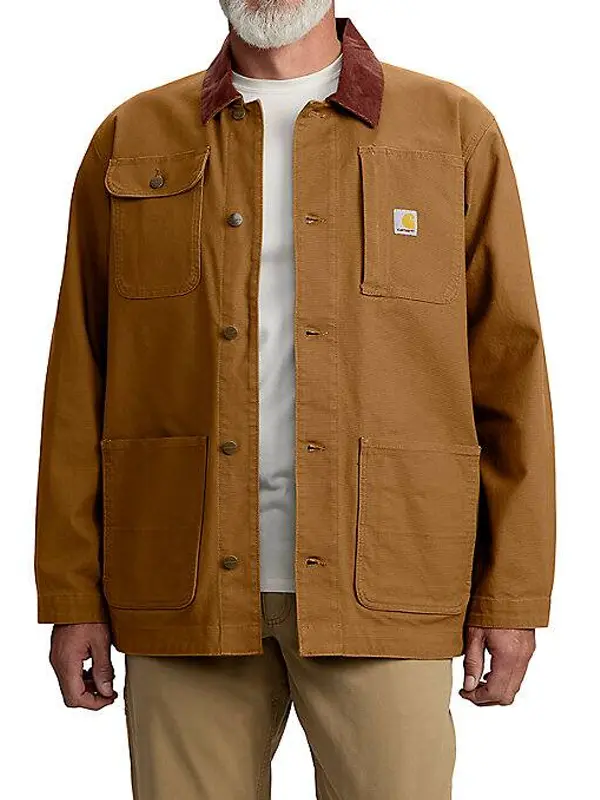 Duck Loose Fit Chore Coat 1 Warm Rating front view showing collar, closure, pockets, and coat design