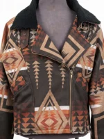 Front close-up view of an asymmetrical zip Western print jacket with a black fleece collar and wide overlapping lapels.