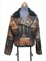 Full-length front presentation of the Dutton Ranch Beth Dutton Western print jacket on a display mannequin.
