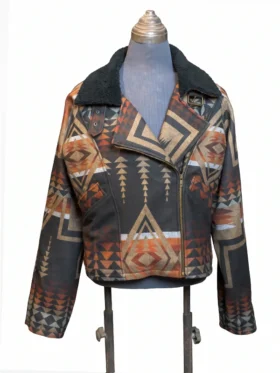 Full-length front presentation of the Dutton Ranch Beth Dutton Western print jacket on a display mannequin.