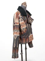 Left side profile view of the Western print jacket, showing the continuous alignment of the geometric design from shoulder to cuff.