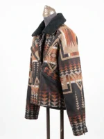 Right side profile view of an earth-toned Western print jacket on a mannequin, emphasizing the asymmetrical lapel fold.