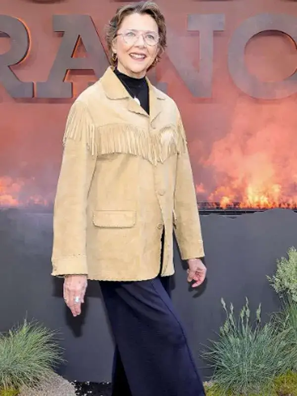 Dutton Ranch Premiere Annette Bening Fringe Jacket Front View Dutton Ranch Premiere Annette Bening Fringe Jacket Front View