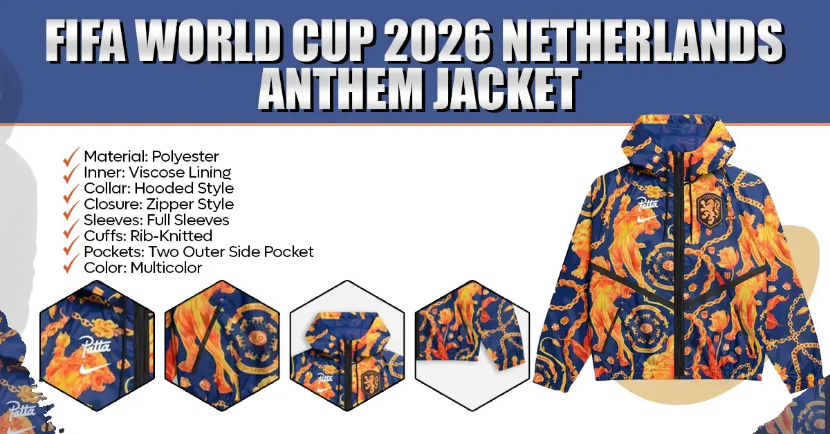 Infographic displaying a multicolor hooded sports jacket featuring a vibrant blue background adorned with orange lion graphics, golden chain motifs, and specialized insignia. The layout lists material details alongside circular close-up cutouts showing the chest logo, zipper details, hood structure, and fabric texture.