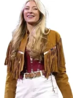 Full front studio display highlighting the fluid moving details and rich texture of the Festival 2026 Julia Cole Brown Fringe Jacket.
