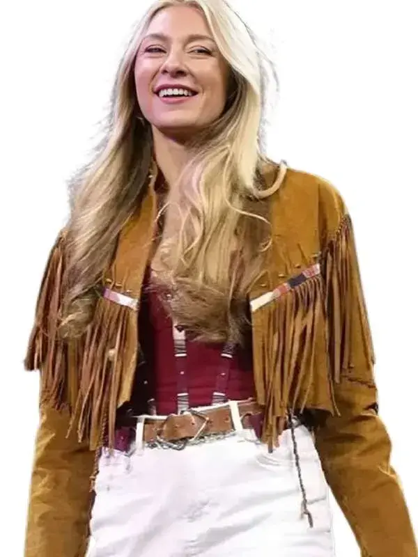 Full front studio display highlighting the fluid moving details and rich texture of the Festival 2026 Julia Cole Brown Fringe Jacket.