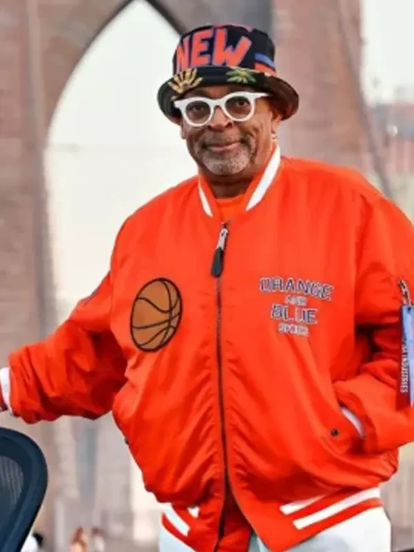 Finals Spike Lee Orange Knicks Jacket Front View Finals Spike Lee Orange Knicks Jacket Front View