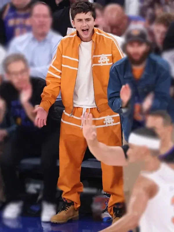 Finals Timothee Chalamet Orange Jacket Front View Finals Timothee Chalamet Orange Jacket Front View