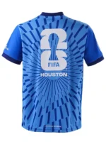 Rear view of the Houston 2026 FIFA World Cup Jersey showcasing the official white "26" tournament trophy logo and "HOUSTON" text on a radiating blue burst background.