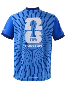 Rear view of the Houston 2026 FIFA World Cup Jersey showcasing the official white "26" tournament trophy logo and "HOUSTON" text on a radiating blue burst background.