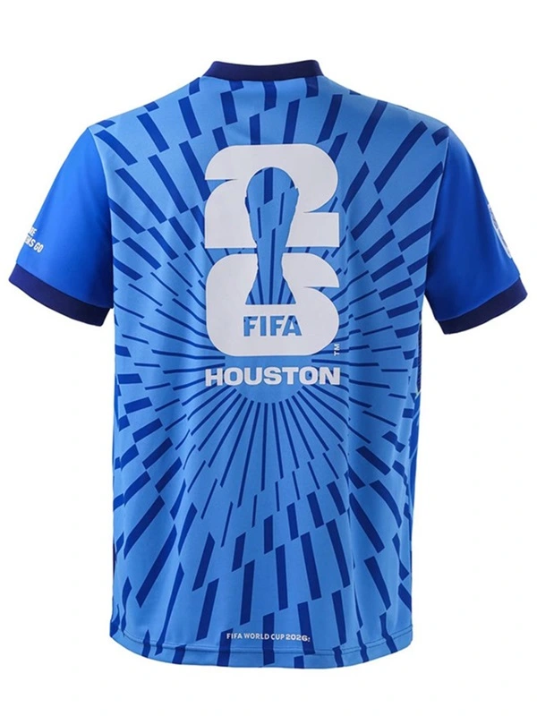 Rear view of the Houston 2026 FIFA World Cup Jersey showcasing the official white "26" tournament trophy logo and "HOUSTON" text on a radiating blue burst background.