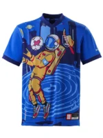 Front view of the Houston 2026 FIFA World Cup Jersey featuring a Space City astronaut graphic playing soccer against a dark blue city skyline background.