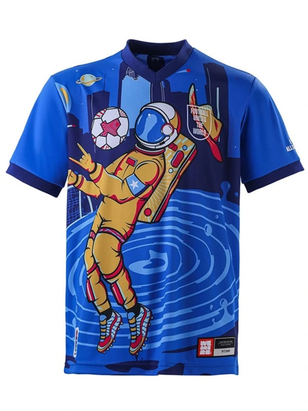 Front view of the Houston 2026 FIFA World Cup Jersey featuring a Space City astronaut graphic playing soccer against a dark blue city skyline background.