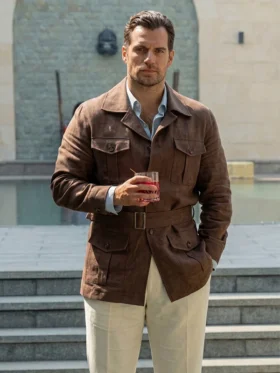 In the Grey 2026 Henry Cavill Brown Jacket Front View