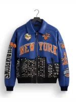 Front view of the multicolor Knicks 2026 Champions Leather Jacket putting the full Kith x Knicks championship design on display