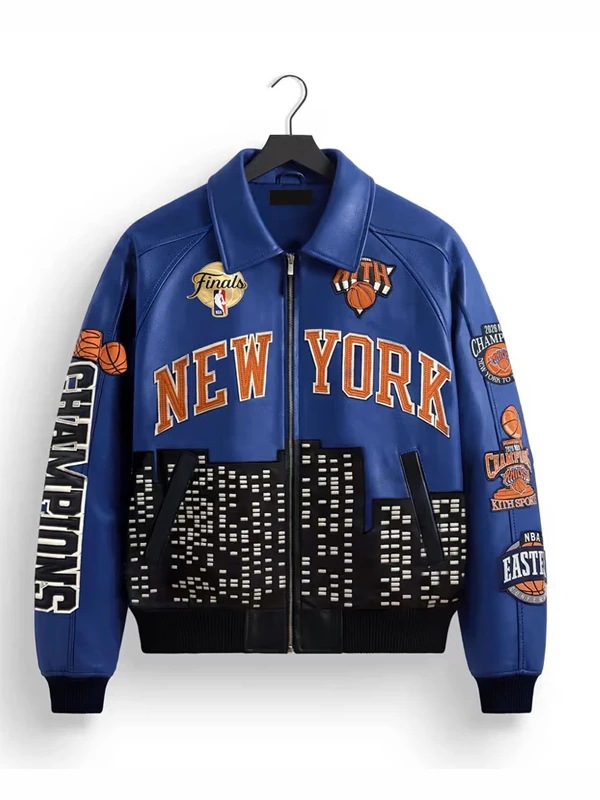 Kith New York Knicks 2026 Champions Leather Jacket Front View Front view of the multicolor Knicks 2026 Champions Leather Jacket putting the full Kith x Knicks championship design on display