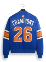 Back view of the Kith Knicks 2026 Champions Bomber Jacket revealing the full championship design on this iconic Kith piece